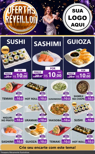 Modelo de Encarte para Encarte Grande com o tema Ofertas de Réveillon para Comida japonesa