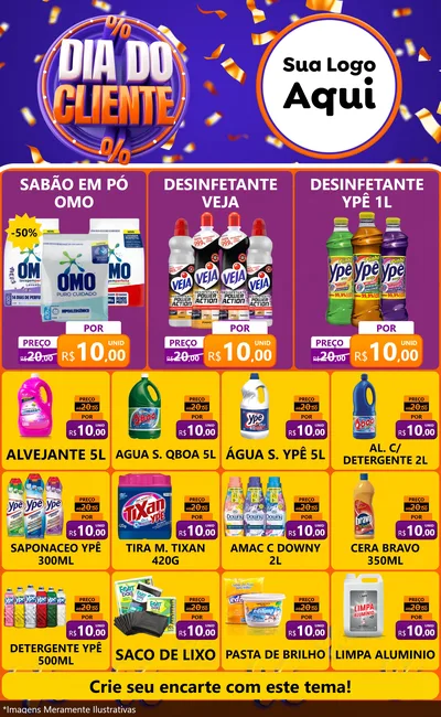 Modelo de Encarte para Encarte Grande com o tema Dia do Cliente para Produtos de Limpeza
