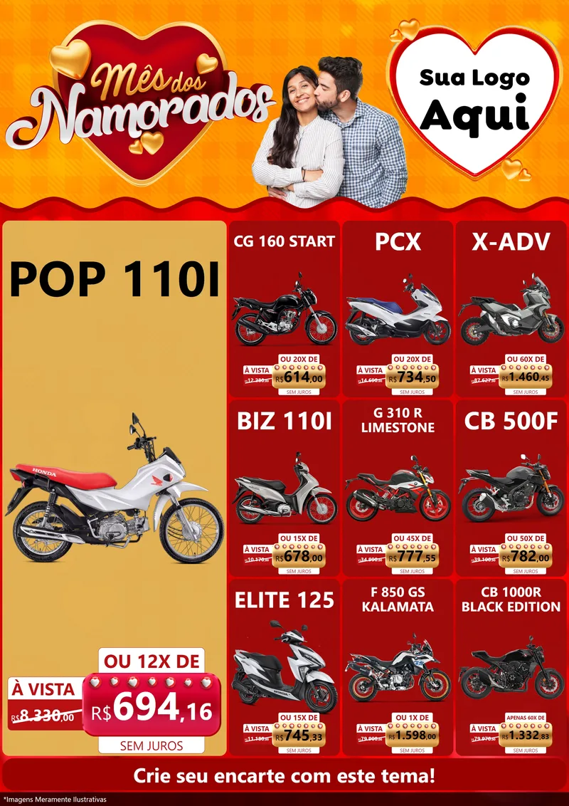 Modelo de Encarte para Encarte A4 Vertical com o tema Mês dos Namorados para Concessionaria de Motos
