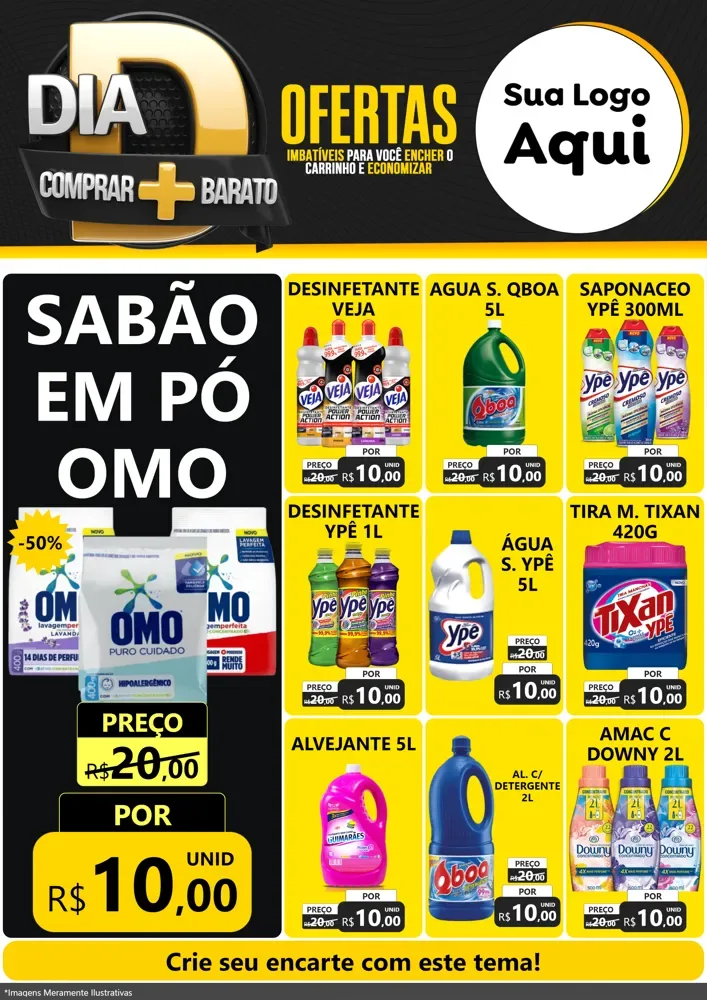 Modelo de Encarte para Encarte A4 Vertical com o tema Dia D Mais Economia para Produtos de Limpeza