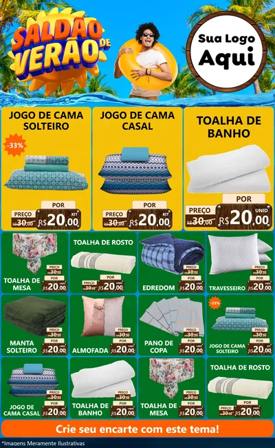 Modelo de Encarte para Encarte Grande com o tema Saldão de Verão para Cama, Mesa e Banho