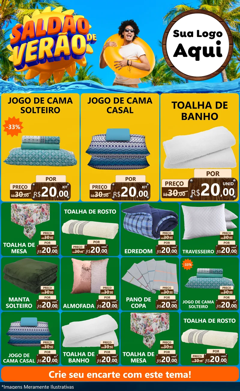 Modelo de Encarte para Encarte Grande com o tema Saldão de Verão para Cama, Mesa e Banho