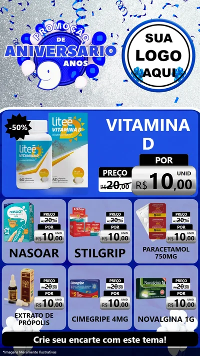 Modelo de Rede Social para Stories com o tema Promoção de Aniversário - 9 Anos para Farmácia