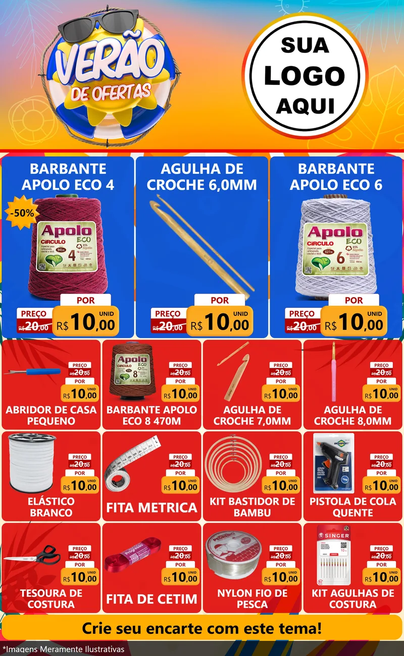 Modelo de Encarte para Encarte Grande com o tema Verão de Ofertas para Armarinho e Aviamentos