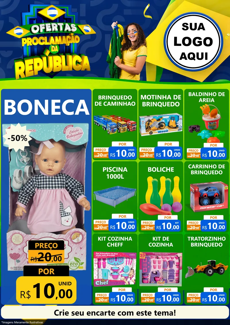 Modelo de Encarte para Encarte A4 Vertical com o tema Ofertas Proclamação da República para Brinquedos