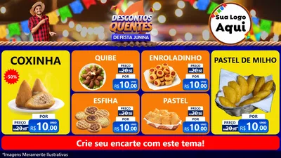Modelo de TV para TV Horizontal com o tema Descontos Quentes de Festa Junina para Salgadaria
