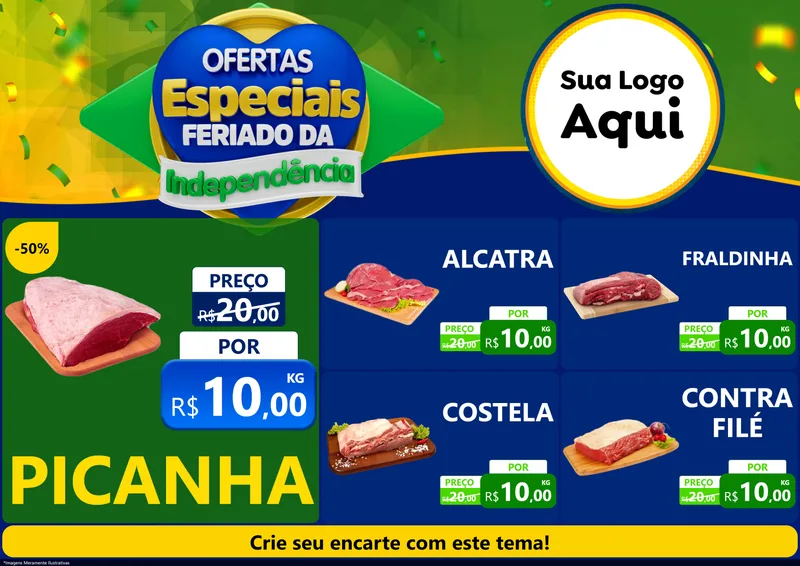 Modelo de Encarte para Encarte A4 Horizontal com o tema Ofertas Especiais Feriado da Independência para Açougue