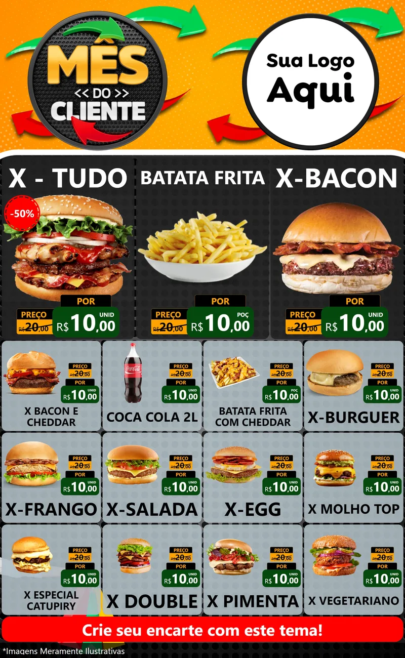 Modelo de Encarte para Encarte Grande com o tema Mês do Cliente para Hamburgueria