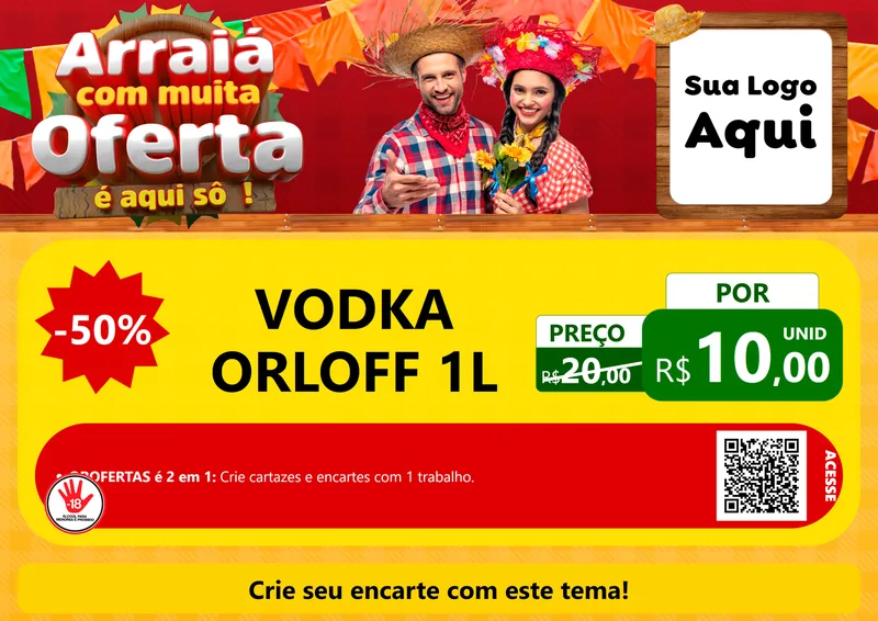 Modelo de Cartaz para Cartaz A4 Horizontal com o tema Arraiá Com Muita Oferta - É Aqui Sô! para Distribuidora de bebidas