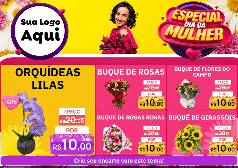 Modelo de Encarte para Encarte A4 Horizontal com o tema Especial Dia da Mulher para Floricultura e jardim