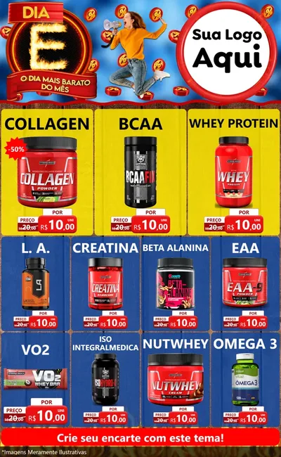 Modelo de Encarte para Encarte Grande com o tema Dia E - O Dia Mais Barato Do Mês para Suplementos alimentares