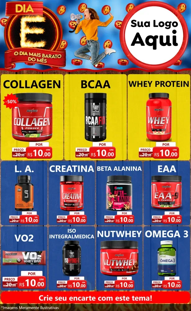 Modelo de Encarte para Encarte Grande com o tema Dia E - O Dia Mais Barato Do Mês para Suplementos alimentares