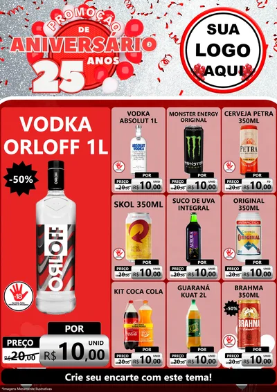 Modelo de Encarte para Encarte A4 Vertical com o tema Promoção de Aniversário - 25Anos para Distribuidora de bebidas