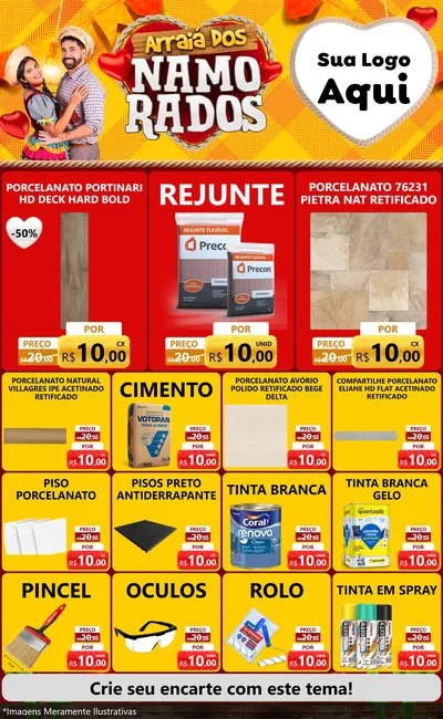 Modelo de Encarte para Encarte Grande com o tema Arraiá dos Namorados para Pisos e revestimentos