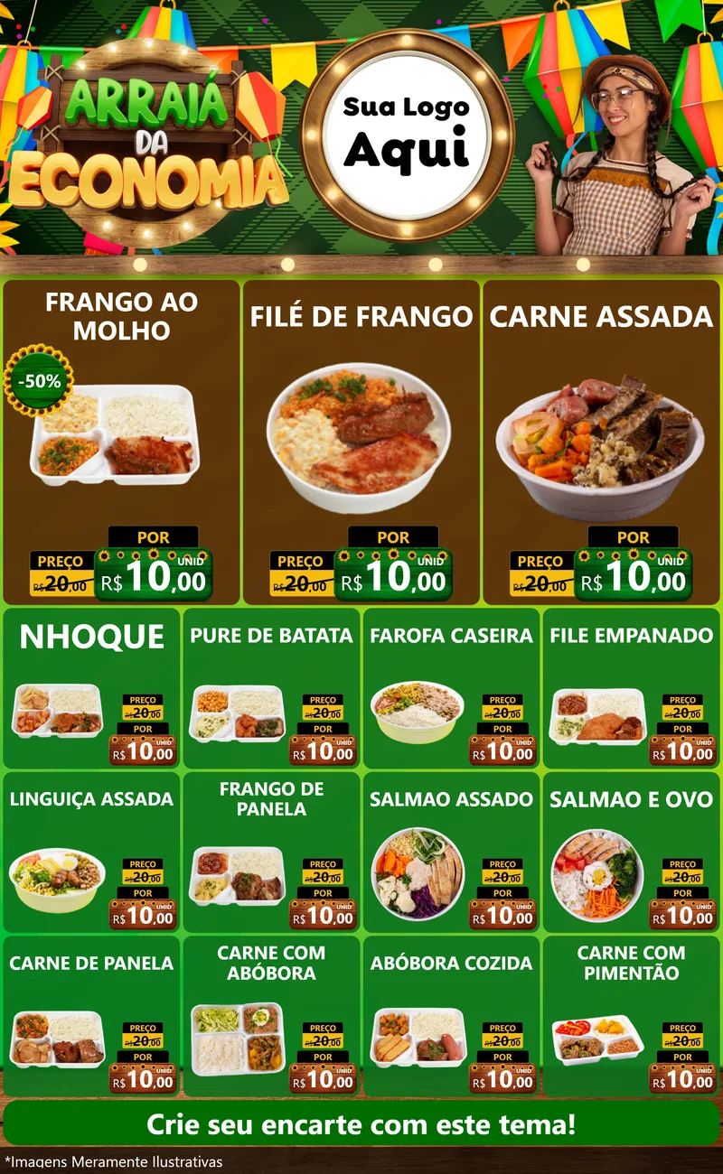 Modelo de Encarte para Encarte Grande com o tema Arraiá de Economia para Restaurante