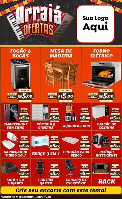 Modelo de Encarte para Encarte Grande com o tema Arraiá de Ofertas - Junina para Móveis e Eletro