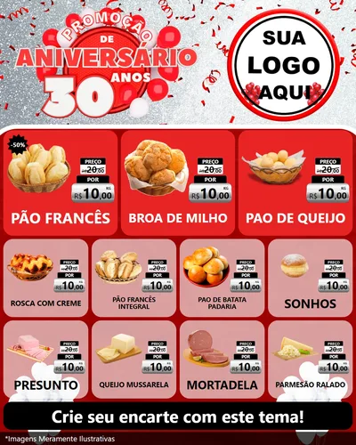 Modelo de Rede Social para Feed Instagram com o tema Promoção de Aniversário - 30 Anos para Padaria