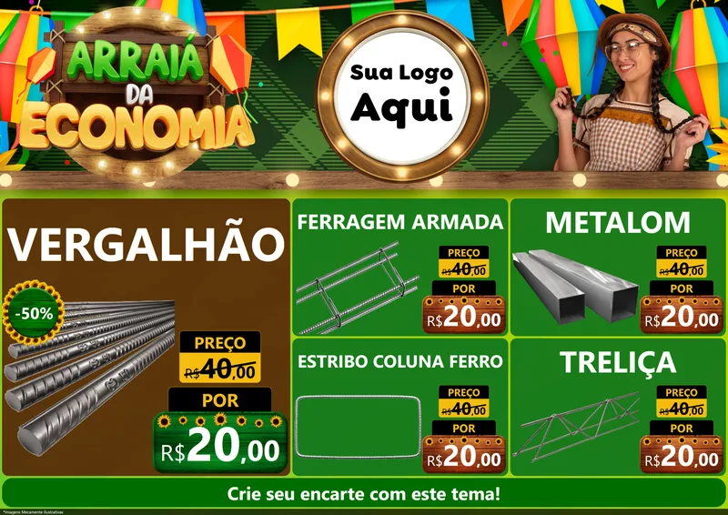 Modelo de Encarte para Encarte A4 Horizontal com o tema Arraiá de Economia para Ferragens