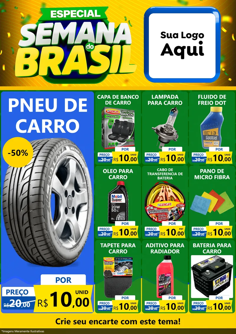 Modelo de Encarte para Encarte A4 Vertical com o tema Especial Semana do Brasil para Auto peças