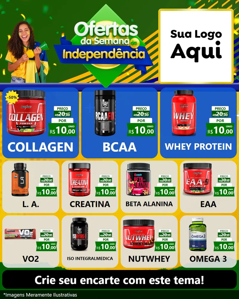 Modelo de Rede Social para Feed Instagram com o tema Ofertas da Semana da Independência para Suplementos alimentares