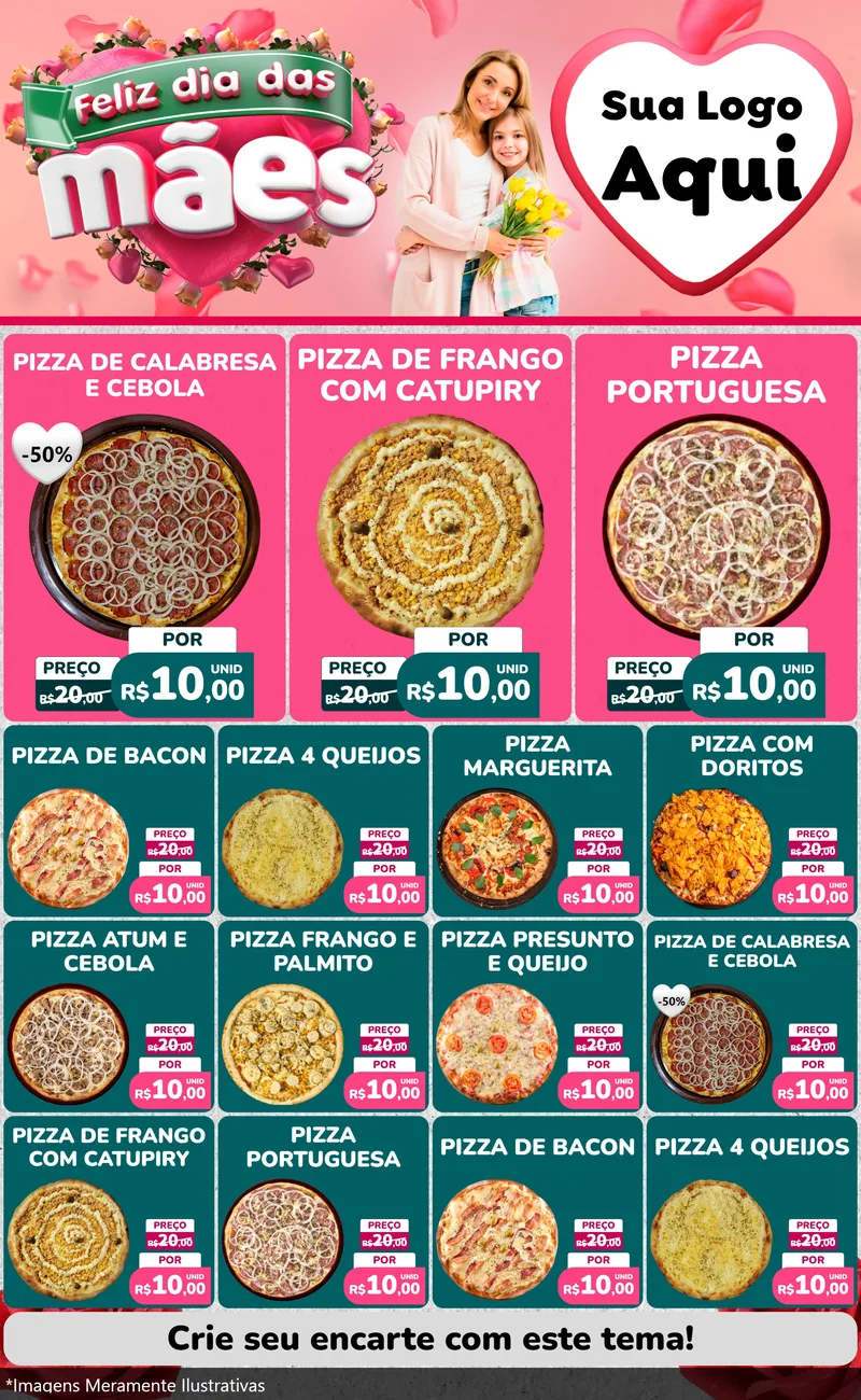Modelo de Encarte para Encarte Grande com o tema Feliz Dia das Mães para Pizzaria