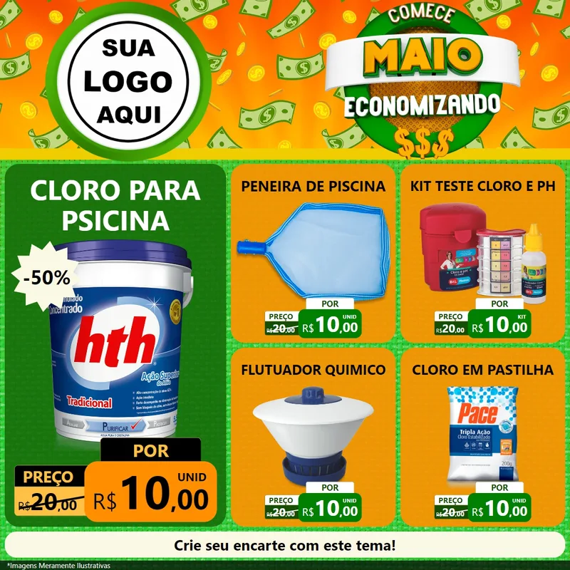 Modelo de Rede Social para Feed Facebook com o tema Comece Maio Economizando para Produtos para Piscina