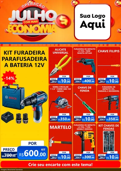 Modelo de Encarte para Encarte A4 Vertical com o tema Operação Julho Com Mais Economia para Maquinas e Ferramentas