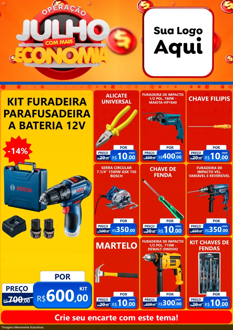 Modelo de Encarte para Encarte A4 Vertical com o tema Operação Julho Com Mais Economia para Maquinas e Ferramentas