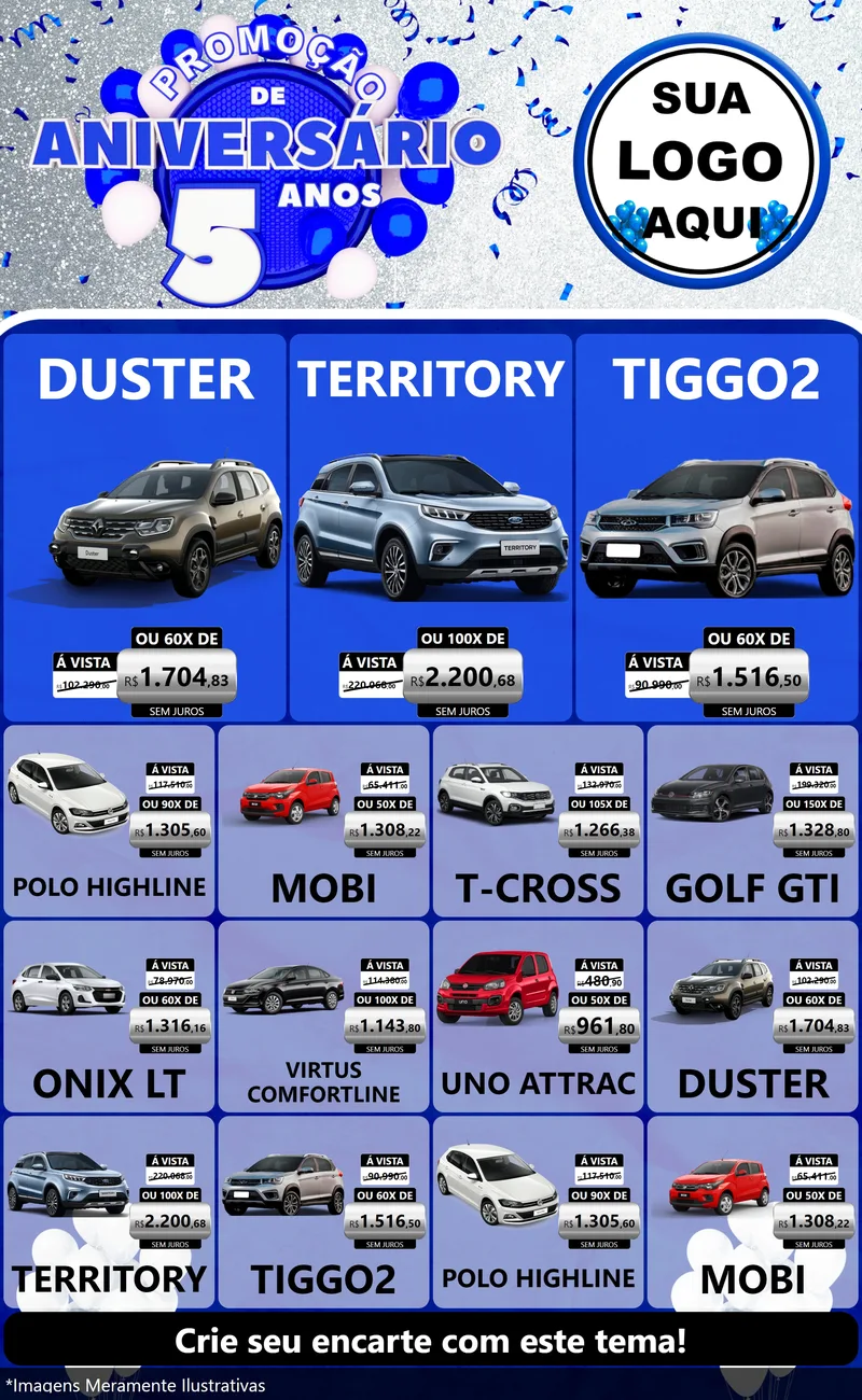 Modelo de Encarte para Encarte Grande com o tema Promoção de Aniversário - 5 Anos para Concessionaria de Carros