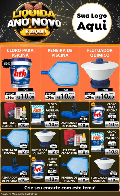 Modelo de Encarte para Encarte Grande com o tema Liquida Ano Novo É Aqui! para Produtos para Piscina