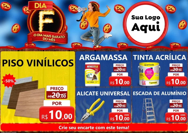 Modelo de Encarte para Encarte A4 Horizontal com o tema Dia F - O Dia Mais Barato Do Mês para Material para Construção