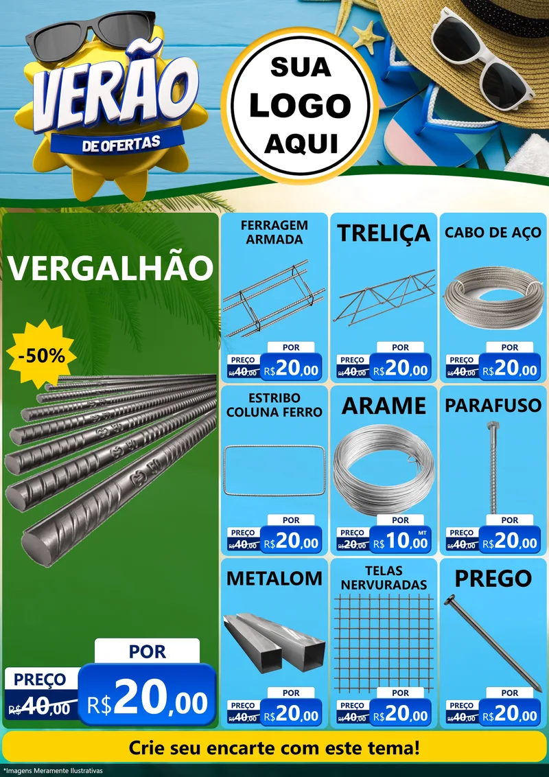 Modelo de Encarte para Encarte A4 Vertical com o tema Verão de Ofertas para Ferragens