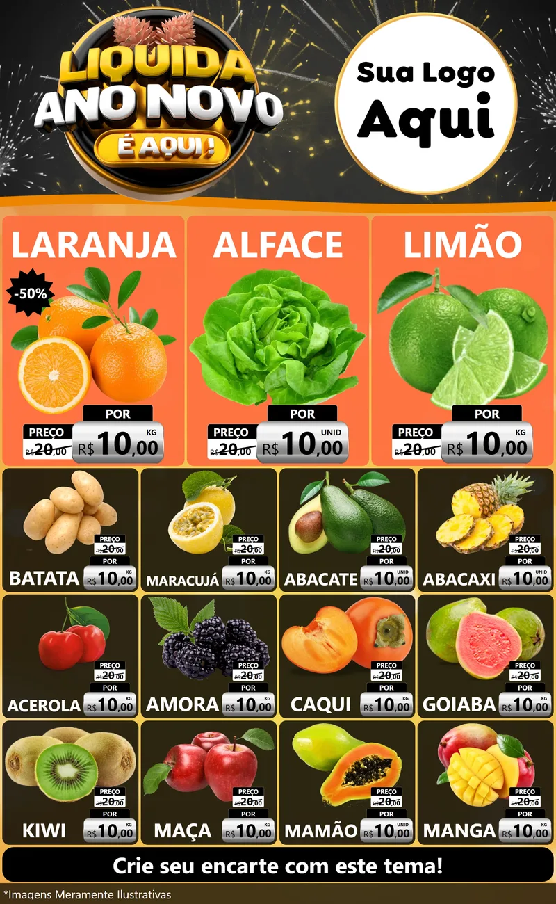 Modelo de Encarte para Encarte Grande com o tema Liquida Ano Novo É Aqui! para Hortifrúti
