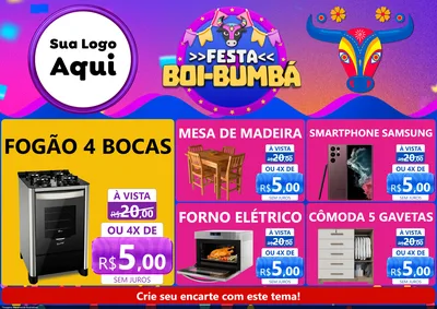 Modelo de Encarte para Encarte A4 Horizontal com o tema Festa Boi-Bumbá para Móveis e Eletro