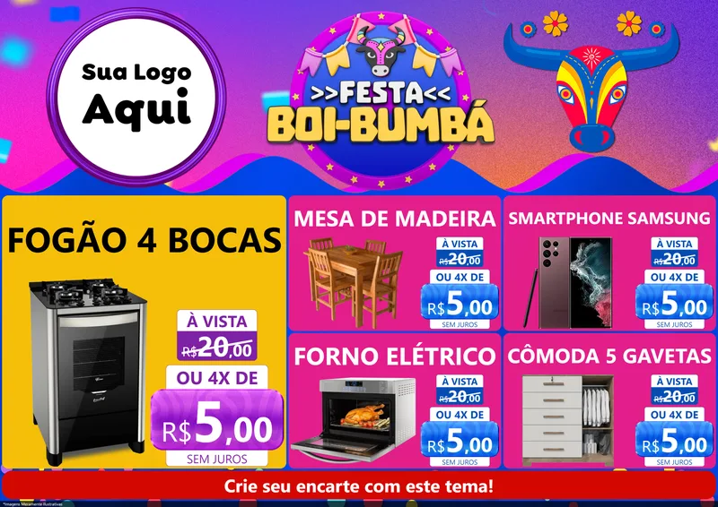 Modelo de Encarte para Encarte A4 Horizontal com o tema Festa Boi-Bumbá para Móveis e Eletro