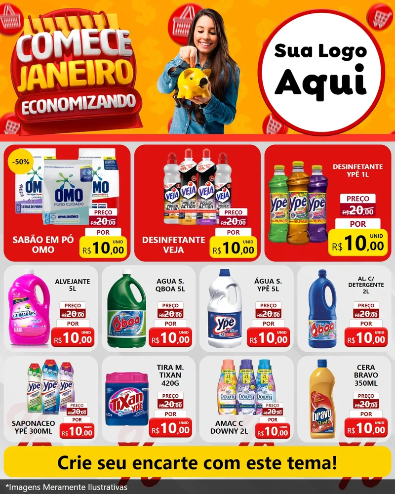 Modelo de Rede Social para Feed Instagram com o tema Comece Janeiro Economizando para Produtos de Limpeza