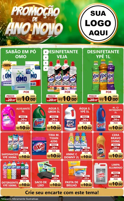 Modelo de Encarte para Encarte Grande com o tema Promoção de Ano Novo para Produtos de Limpeza