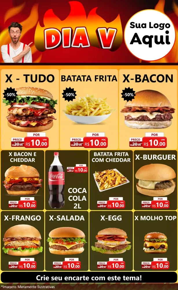 Modelo de Encarte para Encarte Grande com o tema Dia V para Hamburgueria