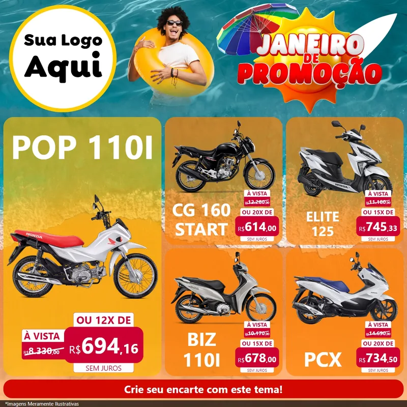 Modelo de Rede Social para Feed Facebook com o tema Janeiro de Promoção para Concessionaria de Motos