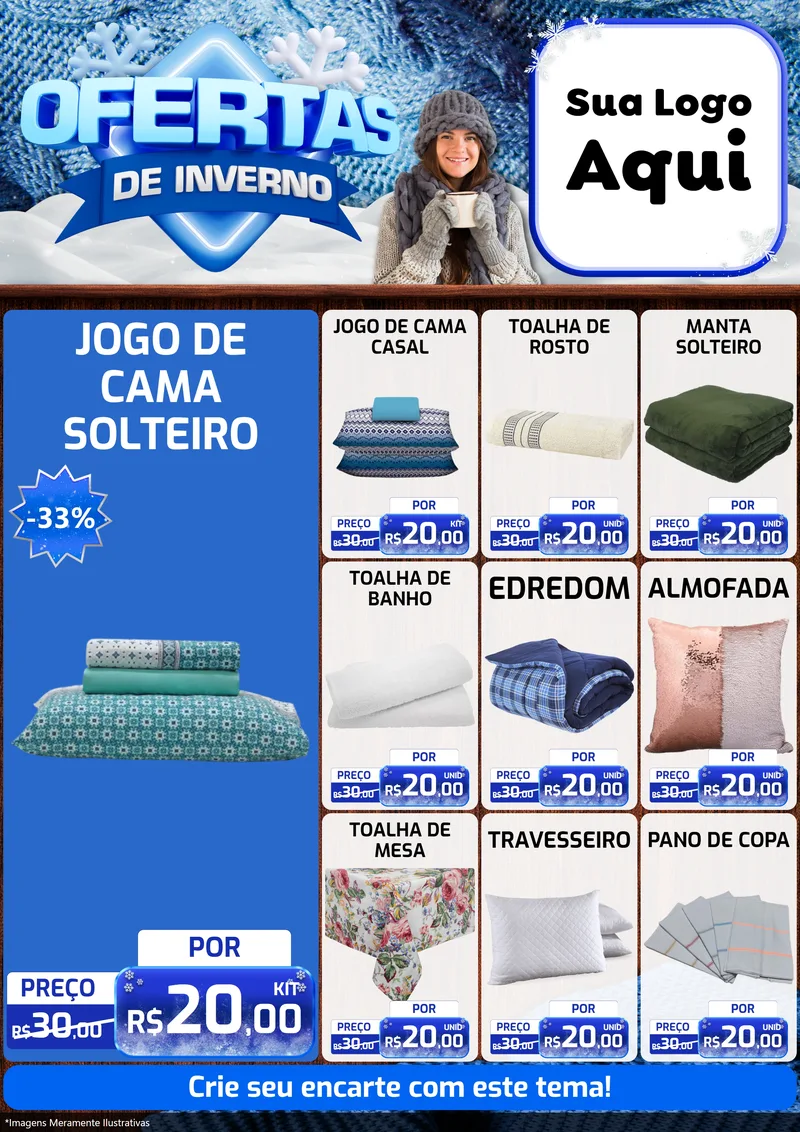 Modelo de Encarte para Encarte A4 Vertical com o tema Ofertas de Inverno para Cama, Mesa e Banho