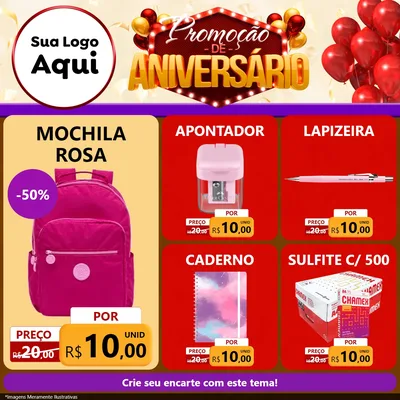Modelo de Rede Social para Feed Facebook com o tema Promoção de Aniversário para Papelaria