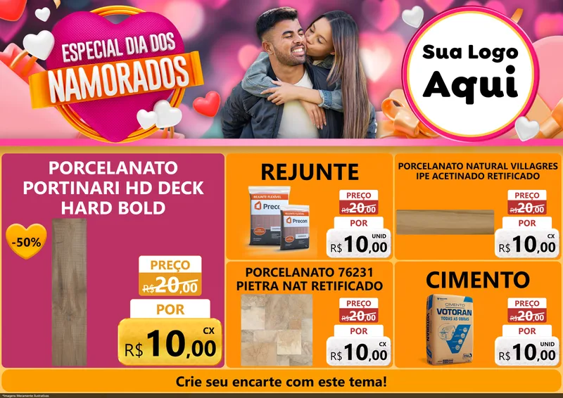 Modelo de Encarte para Encarte A4 Horizontal com o tema Especial Dia dos Namorados para Pisos e revestimentos