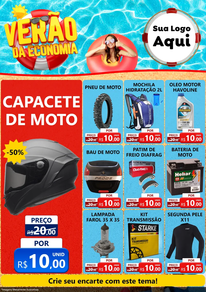 Modelo de Encarte para Encarte A4 Vertical com o tema Verão da Economia para Moto peças