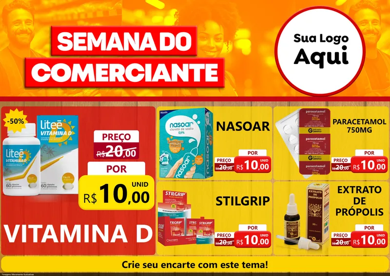 Modelo de Encarte para Encarte A4 Horizontal com o tema Semana do Comerciante para Farmácia