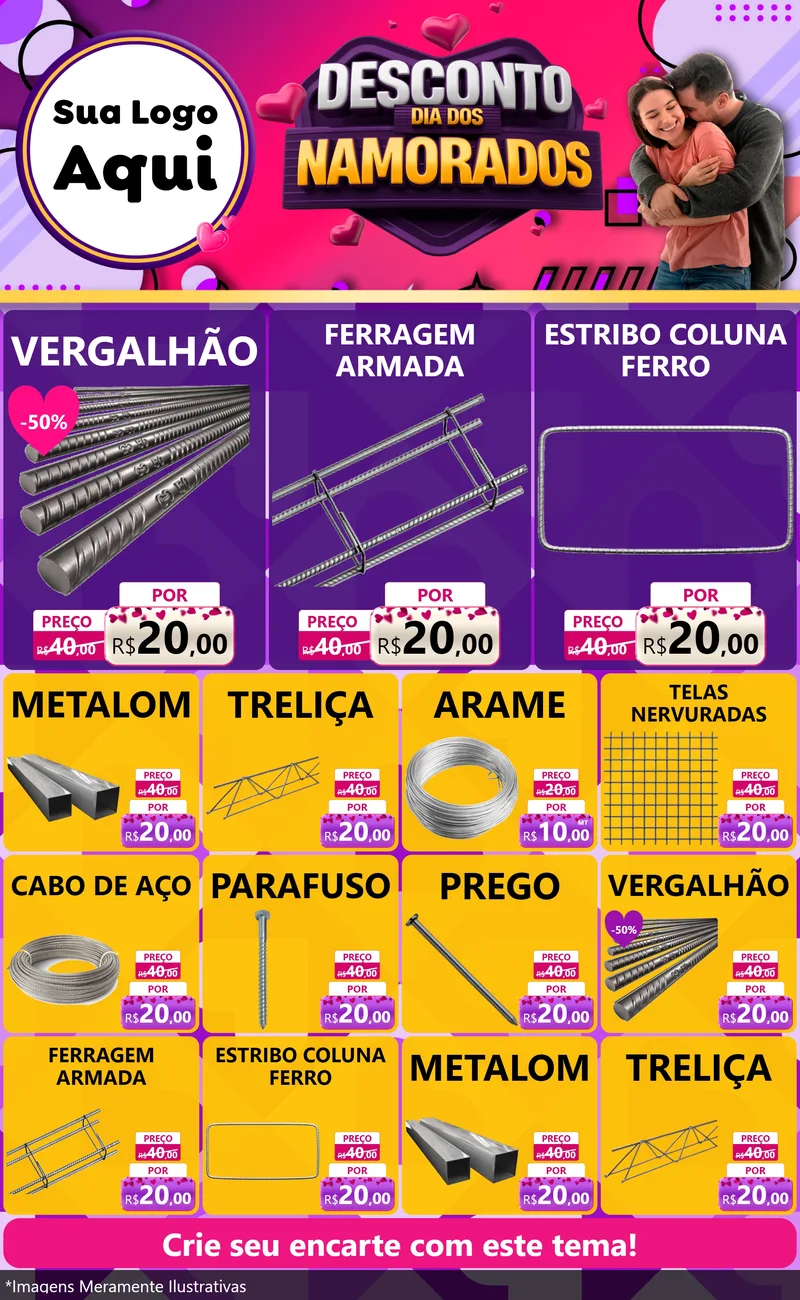 Modelo de Encarte para Encarte Grande com o tema Desconto Dia dos Namorados para Ferragens