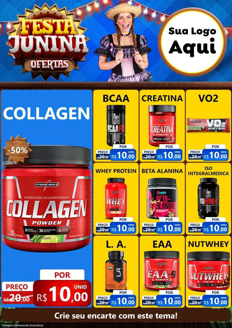Modelo de Encarte para Encarte A4 Vertical com o tema Festa Junina Ofertas para Suplementos alimentares