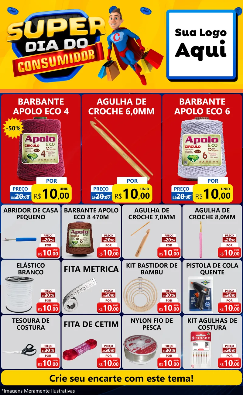 Modelo de Encarte para Encarte Grande com o tema Super Dia do Consumidor para Armarinho e Aviamentos
