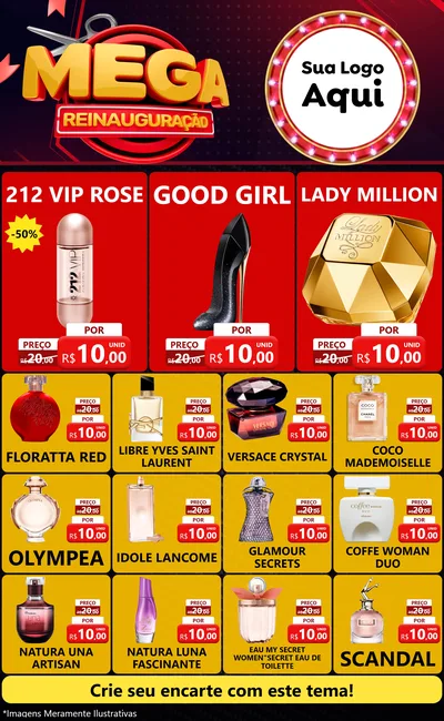 Modelo de Encarte para Encarte Grande com o tema Mega Reinauguração para Perfumes