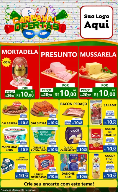 Modelo de Encarte para Encarte Grande com o tema Carnaval de Ofertas para Frios e Laticínios