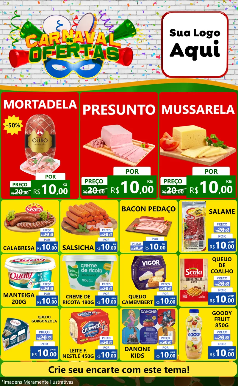Modelo de Encarte para Encarte Grande com o tema Carnaval de Ofertas para Frios e Laticínios